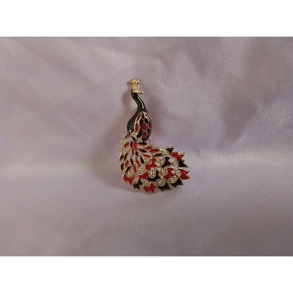 Vintage Peacock Brooch With Red & Black Enamel